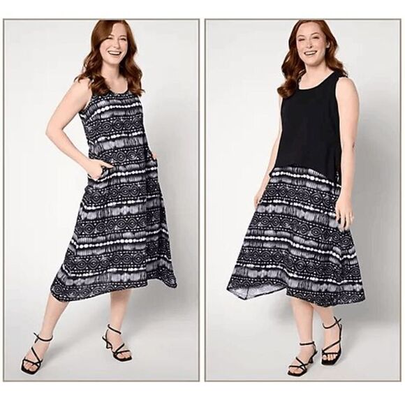 Susan Graver Women Large Soleil Tank Top Midi Dress Set Black Batik Print NWOT) - Picture 1 of 3